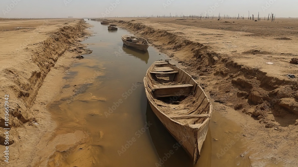 Ilustración de Stock Boats sit abandoned along the receding shoreline ...