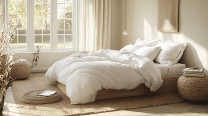 Poster - A serene bedroom featuring a comfortable bed with white bedding, natural textures, and abundant sunlight streaming through large windows, creating a peaceful atmosphere conducive to relaxation.
