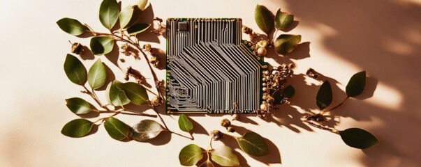 Leinwandbilder - Minimalist Microchip Art with Natural Leaves on Light Background, Eco-Tech Concept