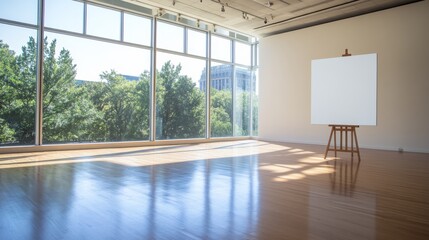 Poster - The gallery room showcases a pristine canvas on a wooden easel, illuminated by natural light filtering through expansive windows, with patterns cast by tree shadows