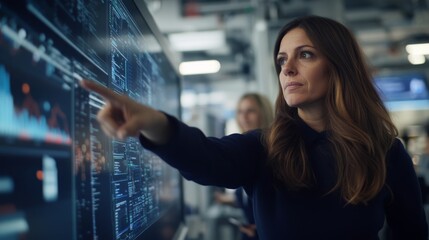 Poster - A software developer engages her colleagues by pointing at detailed data on a large screen, highlighting teamwork in a modern lab full of technology