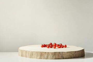 Aufkleber - Minimalist Wooden Podium with Fresh Red Tomatoes Against Light Gray Background