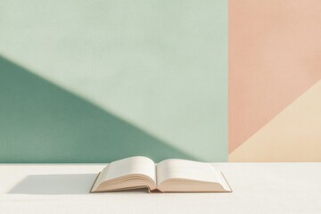 Poster - Minimalist Open Book on White Surface in Soft Sunlight with Geometric Background