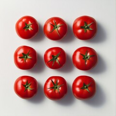 Aufkleber - Aerial View of Red Tomatoes in Perfect Symmetrical Pattern on Soft Gray Background - Geometric Precision and Vibrant Texture