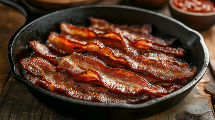 A mouthwatering view of crispy bacon strips sizzling in a cast iron skillet. The bacon is perfectly cooked with a golden-brown finish, creating a savory and appetizing meal.