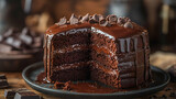 A decadent three-layer chocolate cake coated in glossy ganache, topped with chocolate chips. The moist chocolate interior and rich frosting make this a dessert lover’s dream.