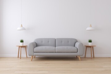 Poster - Interior of living minimal style with grey sofa and plant for products presentation or text for advertising.