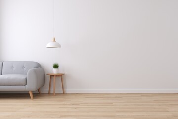 Poster - Interior of living minimal style with grey sofa and plant, Empty space for products presentation or text for advertising.