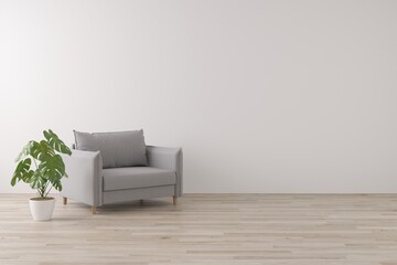 Wall Mural - Interior of living minimal style with grey armchair and plant, Empty space for products presentation or text for advertising.