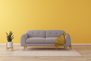 Poster - Yellow wall interior of living minimal style with grey sofa and plant for products presentation or text for advertising.