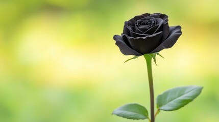 Poster - A stunning black rose with delicate leaves, set against a soft, blurred backdrop that highlights its beauty.