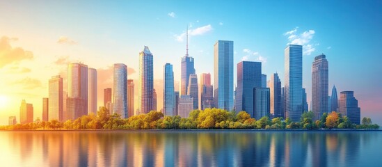 Poster - Skyline of a modern city at sunset with reflection in the water.