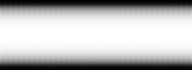 Poster - Dotted halftone gradient texture. Vanishing polka dot background. Repeated dots gradation pattern. Black and white fading comic pop art backdrop. Horizontal halftone raster effect wallpaper. Vector