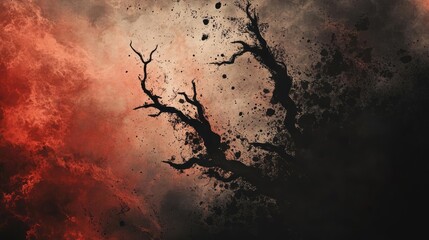 Aufkleber - A dramatic and mysterious scene with abstract branches emerging from a dark, swirling background of red and black hues.