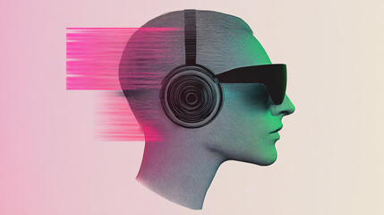 Wall Mural - Profile of a person wearing headphones and sunglasses against a pink and white background. The image has a digital art feel with lines and a glitch effect.