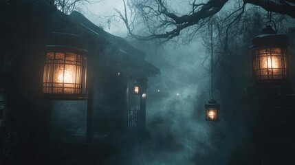Poster - A haunting mist envelops an eerie path lit by hanging lanterns, creating a mysterious and atmospheric scene at twilight.