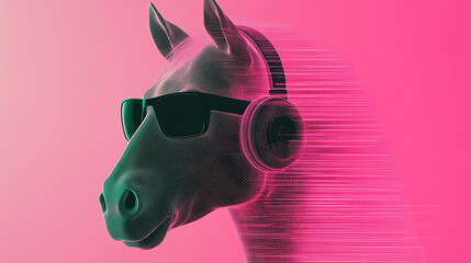 Wall Mural - A cool horse wearing sunglasses and headphones against a pink background.