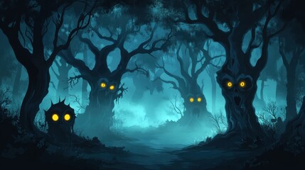 Wall Mural - glowing eyes in the dark forest