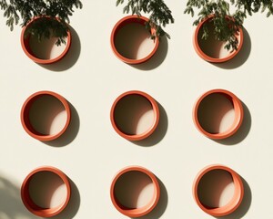 Poster - Geometric Repetition of Red Circular Frames with Green Forest Reflections on Cream Background