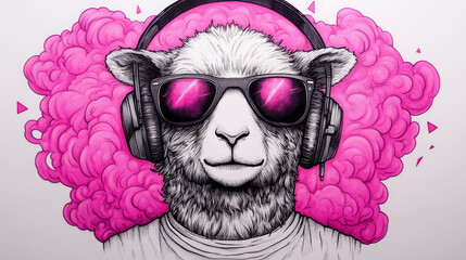 Wall Mural - A cool sheep wearing sunglasses and headphones, surrounded by pink clouds.