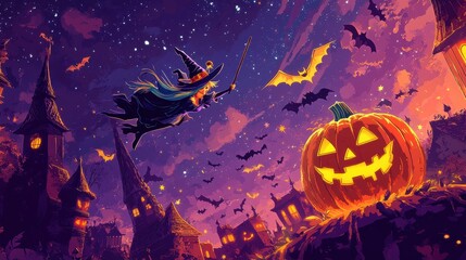 A Witch Flying Over a Halloween Village with a Jack-o'-Lantern