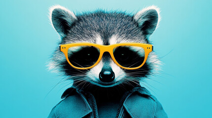 Sticker - Cool raccoon with yellow sunglasses on a blue background.