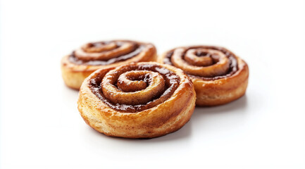 Three cinnabons on a white background close up, created with Generative AI technology