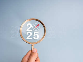 Poster - happy new year 2025 with business concept banner. the big white 2025 year number with target icon in