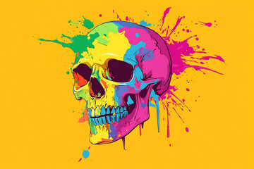 A vibrant, colorful skull illustration with splashes of paint on a bright yellow background.