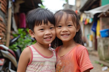 Wall Mural - Two asian little girls smiling and looking at camera in the street