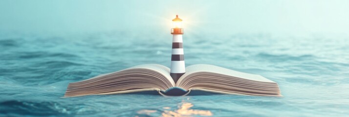 Poster - Floating Book with Lighthouse Minimalist Ocean-Inspired Educational Concept