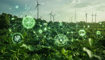 Poster - green energy network with wind turbines and digital overlays