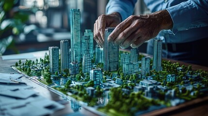 Architect assembling a detailed city model for urban planning