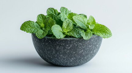 Wall Mural - Mint in a stone bowl on a white background close up, created with Generative AI technology