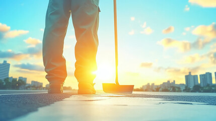 Wall Mural - A worker stands on a rooftop with a trowel in hand, silhouetted against a vibrant sunset.