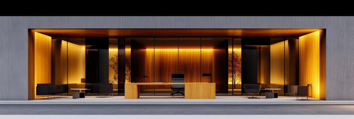 Sticker - A sleek modern office space with warm lighting and a large wooden desk.