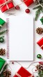 © Littlegirl1398 - A white notebook surrounded by Christmas gifts, with red and green accents on the cover. The background is pure white with small decorations such as pine cones or twine around some of them.
