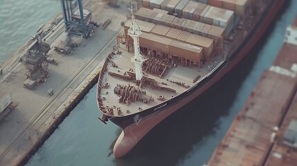 Wall Mural - Large cargo ship anchored in harbor during port strike, surrounded by empty docks and cranes, symbolizing halted operations and economic impact