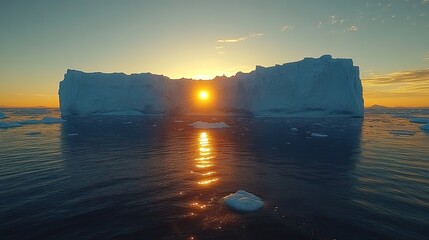 A portrait-format view of melting sea ice floes in the Arctic, with an iceberg towering in the background, highlighting the climate crisis.