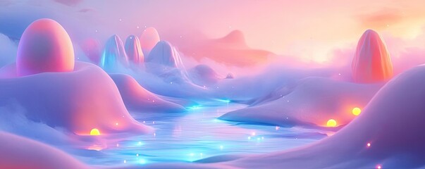 Poster - A dreamy landscape featuring pastel hills, glowing water, and ethereal light, perfect for fantasy and nature themes.