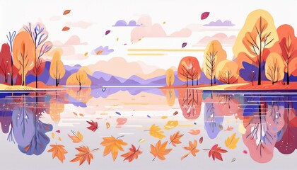 Canvas Print - Autumn leaves fall on still lake