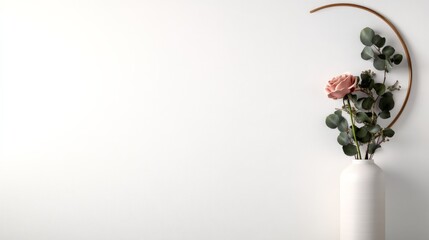 Poster - A round mirror with a thin metallic frame is positioned above a tall ceramic vase, which holds fresh eucalyptus branches and a delicate pink rose, creating a refined aesthetic