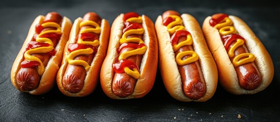 Canvas Print - Five hot dogs topped with ketchup and mustard on a black background.