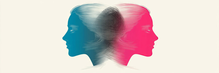 Wall Mural - Abstract illustration of two women's faces in profile, one blue and one pink, with their hair intertwined. The image creates a sense of unity and connection.