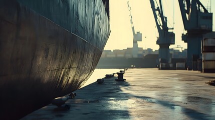 Wall Mural - Large cargo ship anchored in harbor during port strike, surrounded by empty docks and cranes, symbolizing halted operations and economic impact