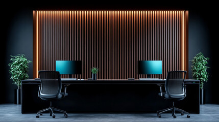 Poster - Two sleek workstations with black desks and chairs, set against a wood slat wall with warm ambient lighting.