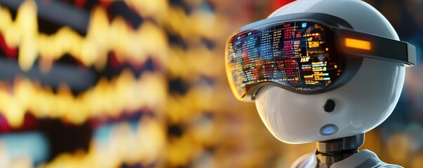 Aufkleber - A futuristic robot wearing virtual reality glasses, showcasing advanced technology with data visuals in the background.