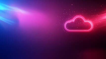 Poster - A neon cloud icon shines in red and blue hues, surrounded by digital particles and binary codes, showcasing futuristic cloud computing amidst a dark background