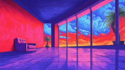 Poster - A single armchair sits in a large, empty room overlooking a vibrant sunset through floor-to-ceiling windows.