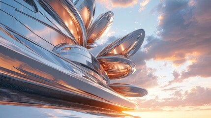 Poster - Futuristic metallic structure with sleek forms reflecting light against a vibrant sky, showcasing modern design and innovation.